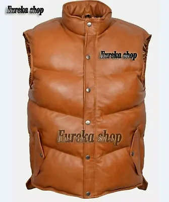 Men's Genuine Soft Lambskin Leather Bubble Puffer Vest Black & Tan Size (XXS-3XL • $99.99