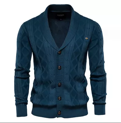 Men Shawl Collar Cardigan Sweater Soild Button Down Cable Knitted Sweater Coat • $44.98