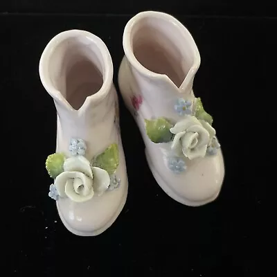 Hand Made ~A Pair Of Small Pink Ceramic Shoes With White Roses&forget Me Not ￼ • $8