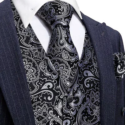 Mens Vest Suit Paisley Floral Waistcoat Blue Black Gold Silk Tie Set Jacket • $23.99