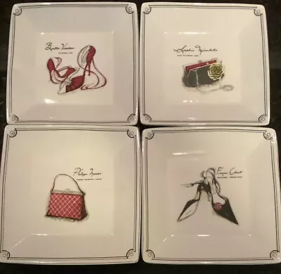 Set Of 4 Sakura Stoneware Couture Square Salad Dessert Plates Handbags Shoes • $22