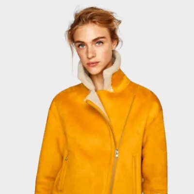 $49.99 • Buy Zara Yellow Faux Shearling Faux Suede Biker Jacket - Small EUC