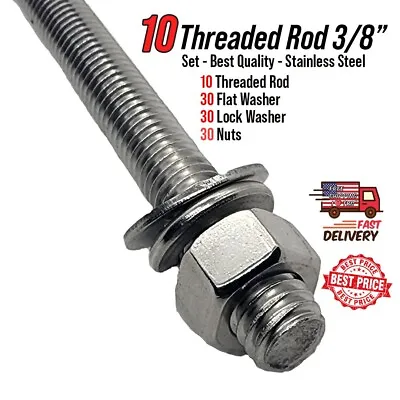 10 Pcs- Stainless Steel All Thread Threaded Rod Bar 3/8-16'' X 8'' W 30 Nut Flat • $38.82