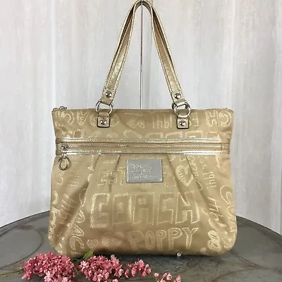 $64 • Buy Coach Poppy Story Patch Glam Glamour Tote Shoulder Bag 15301 Khaki Gold RARE