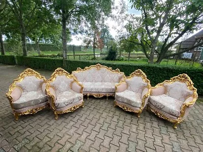 1900s French Louis XVI 5 Pcs Sofa Set - Gold Leaf Beech & Pale Pink Damask • $5310