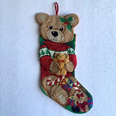 Vintage Needlepoint Christmas Stocking Teddy Bear Holding Plush Bear 19.5  • $24.95