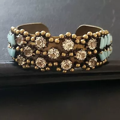 Antique Art Deco Designer Bracelet Faux Turquoise Clear Glass Rhinestones 266 • $18.50