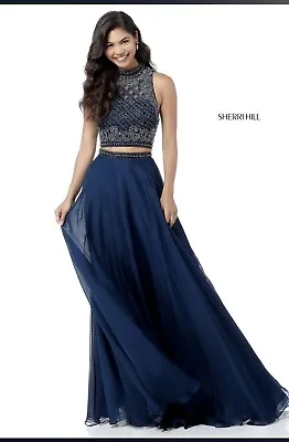 Sherri Hill Sequin Beaded Royal Blue Maxi Two Piece Prom Formal Dress Size 00 • $49.99