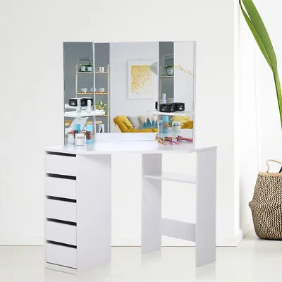 £158.32 • Buy Makika Dressing Table Makeup 5 Drawers Mirror Corner Desk Dresser Bedroom White 