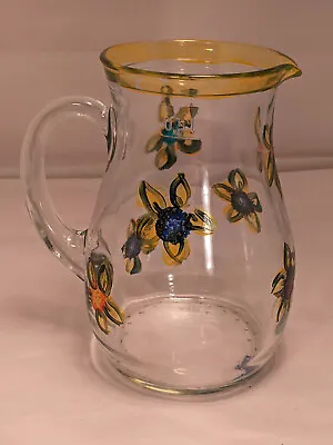 Italian Molded Glass Hand Painted Flowers 0.5L Applied Handle Pitcher 6.5 In • $24