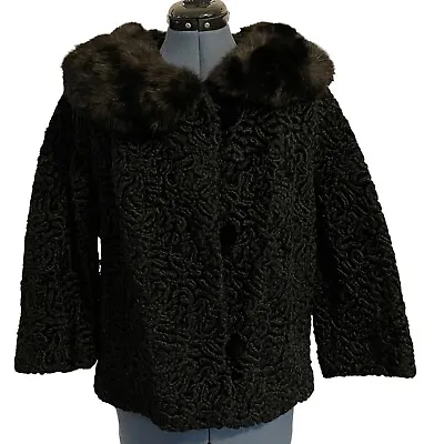 Vintage Black Curly Persian Lamb Wool Jacket W Mink Collar Velvet Buttons 50's S • $120
