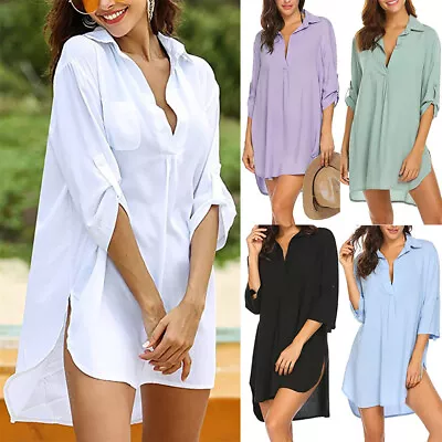 Women Shirt Mini Beach Cover Up Dress V Neck 3/4 Sleeve Vacation Summer Dresses • £11.39