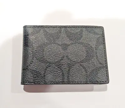 Coach Men' Charcoal/Black Signature Canvas Compact Billfold Wallet (Small) CM166 • $59.99