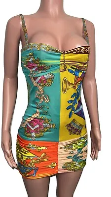 Versace Colorful Art Medusa Safety Pin Mini Dress Bodycon Lined Ruched Y2K Sz 40 • $1000.90