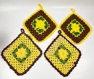 Homemade Crocheted Daffodils Squares Doily Coasters Retro Lot Of 4 Fall • $16.65