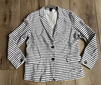 J Crew Womens Knit Maritime Nautical Blazer Jacket Navy Blue Stripe Size MEDIUM • $24