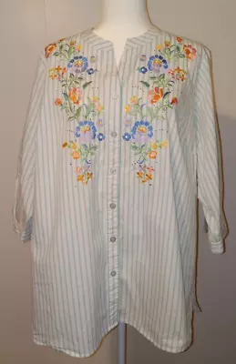 Quacker Factory Floral Embroidered Blouse Roll Tab Sleeves Green Stripe Size 1X • $15.99