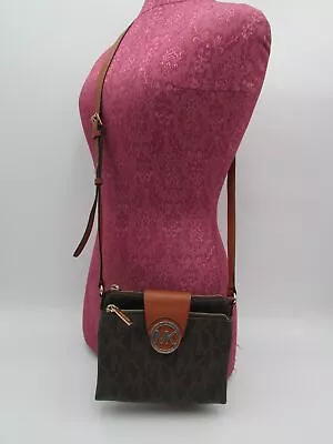Michael Kors Fulton Brown Signature Coated Canvas Crossbody Handbag Purse • $19.99