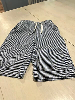 Mini Boden Blue/White Denim Striped Drawstring Pockets Knee Patches Shorts 4Y • $8.50