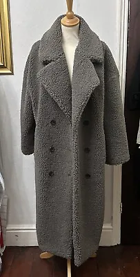 Zara Women’s Grey Teddy Long Coat Double Breasted Sz M Oversized Faux Fur FAB • $41.03