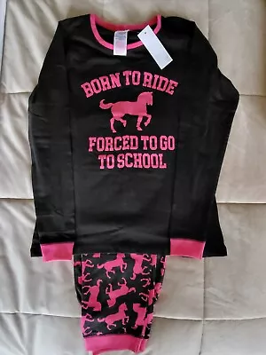 Pink & Black Girls Horse Theme Pyjamas - Age 13-14 Yrs • £15