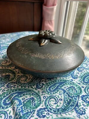 Vintage Mid-Century Pal-Bell Israel Verdigris Brass Bowl Flower Blossom Lid • $22