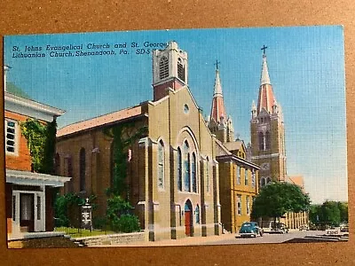 Postcard Shenandoah PA - St Johns Evangelical & St George Lithuanian Churches • $2.95