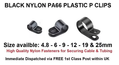 Black Nylon Plastic P Clips High Quality Fasteners For Cable Tubing Pipe Conduit • £3.99