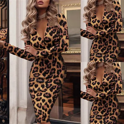 Womens Midi Dress Party Nightclub Sexy Leopard Print V-Neck Long Sleeves Bodycon • $19.99