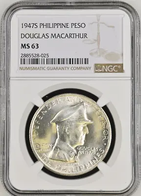 :1947-s S1-peso Philippines Doug Macarthur Choice Ngc Ms63 Rare R3 High-grades • $159.95