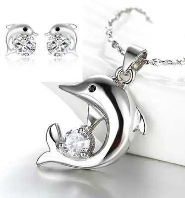 925 Sterling Silver Crystal Dolphin Pendant Necklace Earrings Women Jewelry Set • $7.99