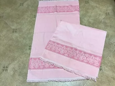 Vintage Sears 2 Strawberry Pink Bath Towels Fleur De Lis Fringe 22”x44” NWT Soft • $5