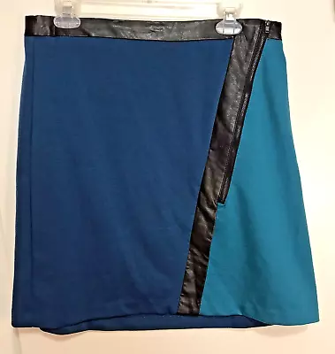 Eci New York Sz 10 Blue Teal Color Block Skirt Diagonal Zipper Faux Leather NWT • $21