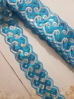 £2.75 • Buy 5cm Turquoise Silver Hologram Sequin Silver Braid Trim Indian Ribbon Lace 