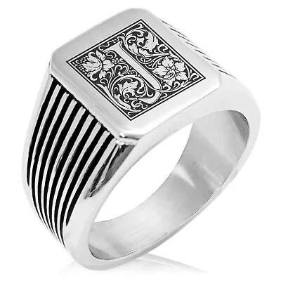 Stainless Steel Mens Royal Box Monogram Initial Striped Biker Style Signet Ring • $15