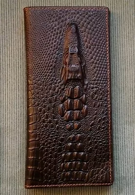 Mens Womens Crocodile Head Dark Brown GENUINE LEATHER Checkbook Organizer Wallet • $24.97