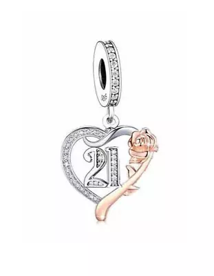 Genuine Sterling Silver 925 21st 21 Twenty One Birthday Rose Love Heart Charm • £19.95