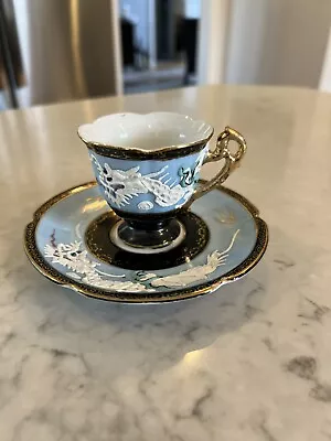 Vintage Raised Moriage Dragon Ware Demitasse Cup & Saucer Set Blue (Japan) • $9.99