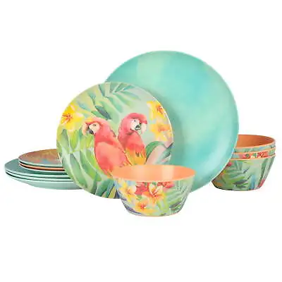 Laurie Gates Tropical Parrots 12 Piece Melamine Dinnerware Set Assorted Designs • $37.59