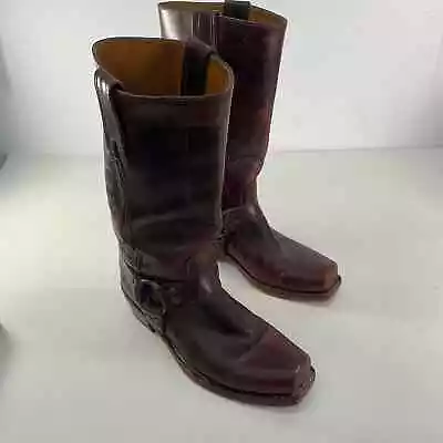 Vintage USA FRYE Men's 9.5D Brown Leather Harness Square Toe Biker Boots • $199