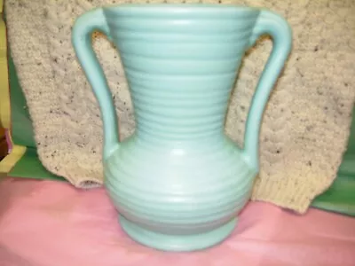 Vintage HAEGER Minty Green Two Handled Ribbed Vase Excellent • $24.95