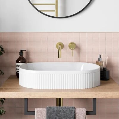 Bathroom Countertop Basin Sink Fluted Gloss White Oval Modern 573 X 358mm • £89.99