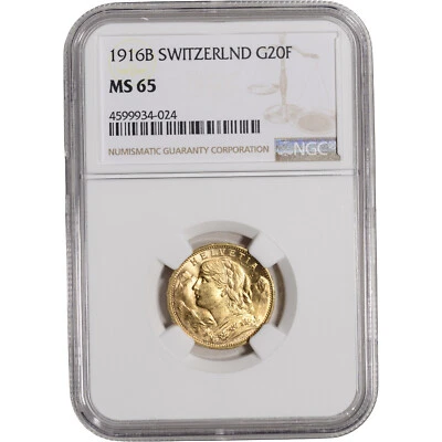 $571.81 • Buy 1916 B Switzerland Gold 20 Francs - NGC MS65