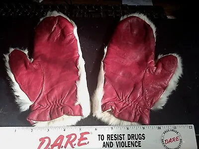 Vintage Womens White Rabbit Fur Red Leather Mittens Small To Med   • $32.50