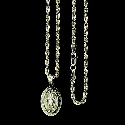 Real 10K Yellow Gold Saint Christopher Pendant & 2.5mm Rope Chain Men Women • $89.99