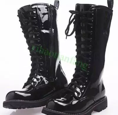 Military Mens Shiny Punk Boots Mid Calf Patent Leather Strappy Motorcycle Shoes • $78.20