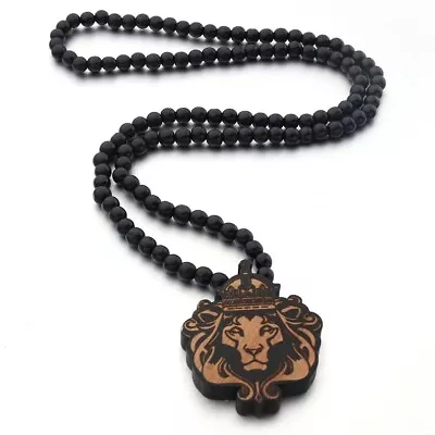 Men's Large Lion Wood Pendant Punk Hip Hop Necklace 8mm/35 Wooden Bead Chain • $13.99