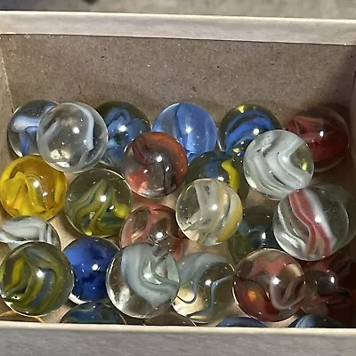 Glass Marbles Vintage Cats Eye Shooters 7/8 Blue Green Red White Lot Of 28 • $15.99