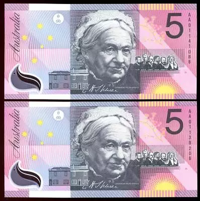 2 X 2001 Australian $5.00 Notes 1st Prefix AA01 382206 AA01 141088 UNC • $1.25