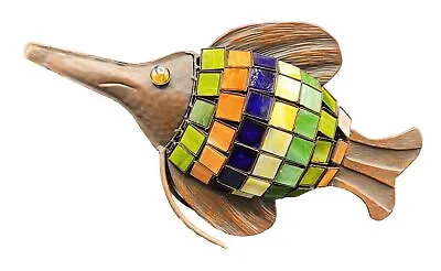 VTG Art Metal Glass Tile Fish Sculpture Beach House 18” Large Coastal Tabletop • $80.10